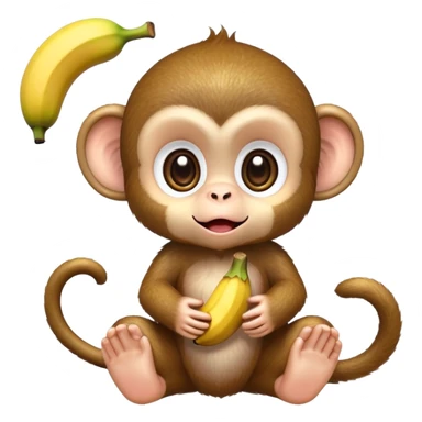 extremely adorable kawaii baby monkey with huge sparkly eyes peeling a banana sticker