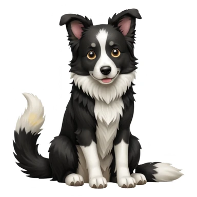 cinematic-[border collie dog]-realistic-full-body-sitting-emoji,-tail-resting-loosely-beside-its-paws,-head-tilted-dramatically,-scruffy-[black and white]-fur,-simplified-yet-realistic-focused-features,-highly-detailed,-glowing-with-an-almost-sarcastic-glow sticker