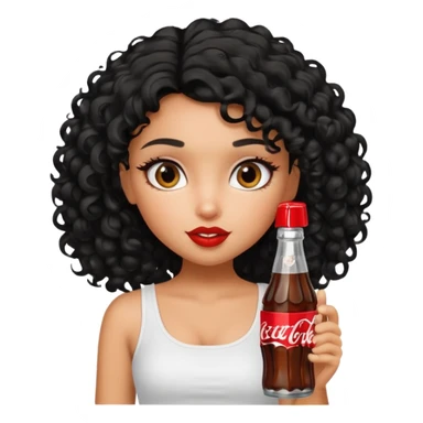 a pretty tan bratz girl with black curly hair drinking coca cola. no makeup. white top sticker