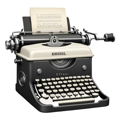 Create an emoji representing screenwriting. The design should feature an open script with visible dialogue and action lines, symbolizing the writing of a screenplay. Include a classic typewriter or a modern writing device, such as a laptop, to signify the process of creating a script. Optionally, add elements like a film reel or director's chair to emphasize the cinematic aspect of screenwriting. Use a professional color palette with black, white, and subtle metallic tones. Do not include any emojis or smiley faces. Make the background transparent. sticker