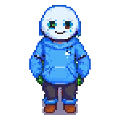 Sans from Undertale, pixel art, winking, glowing blue left eye, casual stance sticker