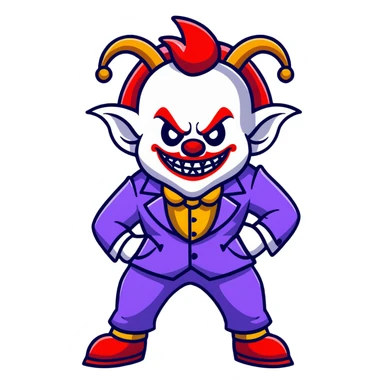 evil clown in a leisure suit with billy goat horns, fangs, pointed ears, standing in a fighting posture, battle-ready soldier sticker