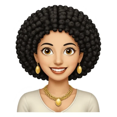30 year old iranian woman very short curly black hair, big brown eyes, tanned skin, big smile, white teeth, pretty, afro sticker