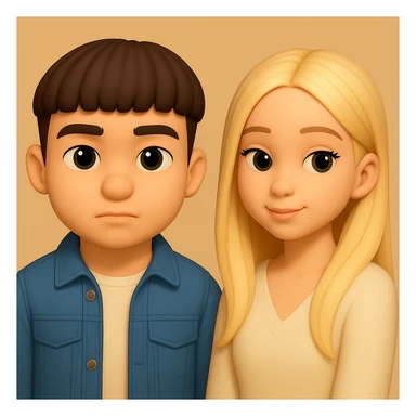 Unify the style of these two 3D emojis by harmonizing skin color, processing, and lighting. Place them on a single background as two separate figures with noticeable space between them. Maintain the 3D emoji style characteristics. sticker