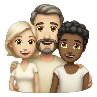 Daddy with white skin wearing cream tshirt and his wife wear cream blaus and black shawl also his son wear cream tshirt sticker