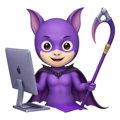 a happy purple bat holding a scythe while sitting in front of her computer sticker