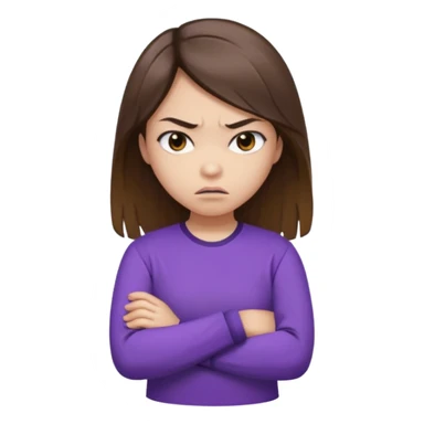 Angry Pouty girl with small asian eyes folding arms in a purple longsleeve shirt she has fair skin and long length brown hair with highlights sticker