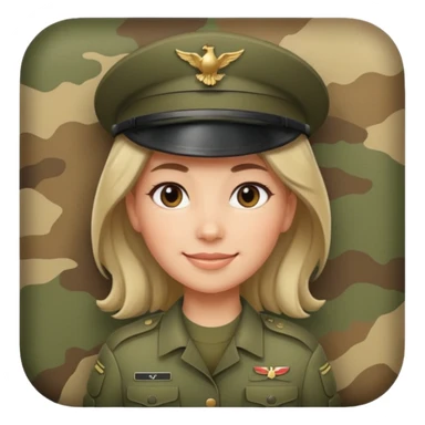 Female soldier emoji in Apple style, no cap/helmet, bust portrait, gentle smile, generic camo, hair visible, soft gradients sticker