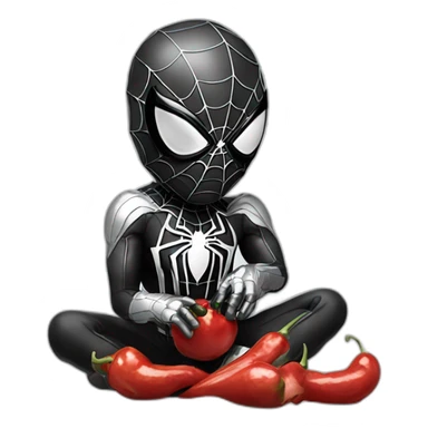 spider-man with his black white and silver suit eating a red hot chili sticker