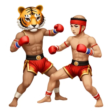 A fierce Muay Thai fighter wearing traditional mongkhon headband and elbow/knee wraps, in fighting stance with a tiger-like intensity, compact and stylized, with gold and red accents sticker