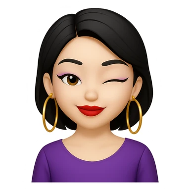 Make the ABG emoji wink, keep trendy makeup, bold lipstick, hoop earrings, and stylish hair, in apple emoji style, no background. sticker