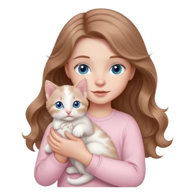 A little white girl with wavy light brown hair and blue eyes and pale pink clothes holds a white kitten sticker