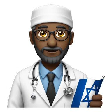rabbin with Sidelocks holding israel flag in his hands while wearing a doctor white coat with a stethoscope  sticker