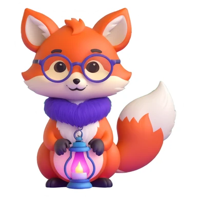 small magical fox with shimmering purple and blue fur, glowing fluffy tail, silver star on forehead, round glasses, tiny lantern, hugging a big red heart sticker