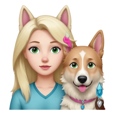 White European young woman with blue-green eyes and long blond hair with her white German Shepherd dog,the Dog hast a pink nose and short fur  ans Brown eyes sticker