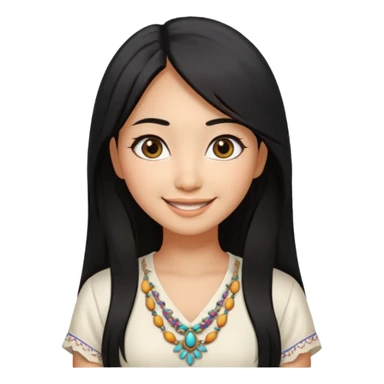 30 yr old asian woman center parted hair big eyes big smile tanned skin straight black hair hippie part hair white blouse sticker