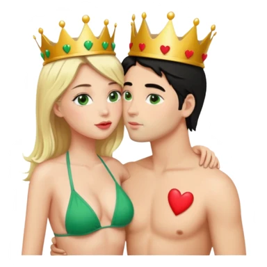 Blonde Queen with crown Green eyes Bikini whole body Kissing man black Hair Hearts  sticker