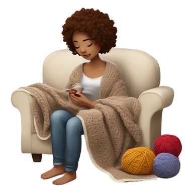 26 year old white woman with brown wavy hair. She is crocheting a garment with a crochet hook and ball of yarn is near her. She is laying on the couch under a blanket. Near her there is a cup of tea sticker