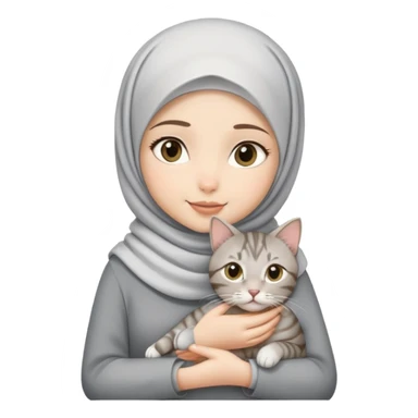 white hijab girl holding grey tabby cat sticker