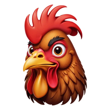 Cinematic Comical Brown Rooster Portrait Emoji, Head tilted dramatically with an exaggeratedly amused expression, featuring a striking, glossy brown plumage with a bold red comb, wide, expressive warm eyes filled with playful disbelief, Simplified yet hilariously expressive features, highly detailed, glowing with a slightly sassy glow, high shine, dramatic yet playful, stylized with an air of cheeky mischief, bright and endearing, soft glowing outline, capturing the essence of a spirited and over-the-top rooster, so meme-worthy it feels like it could crow its way into internet fame instantly! sticker