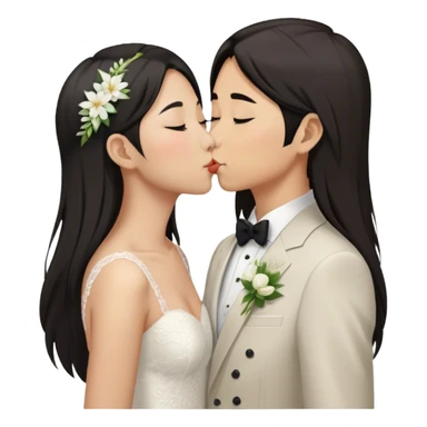 Asian lesbian couple at wedding and kissing. One of them has long hair and the other has super short hair sticker