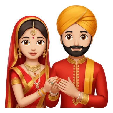 Two hands in a engagement..One hand of groom and one hand of bride. Bride hand - red/yellow saree. groom- light orange punjabi (oonly hands will be visible in the image). Groom's hand is holding a ring and bride's hand will be wearing the ring sticker