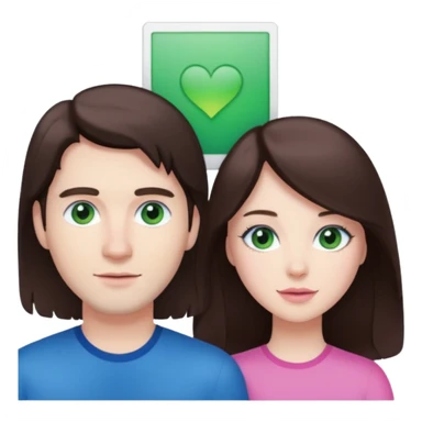 pink polaroid photo of a couple thats white with long brunette hair blue eyes and a white guy with short brunette hair and green eyes sticker