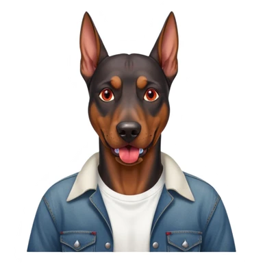 Generate a emoji of a big evil doberman dog with red eyes and a tongue sticking out, give the doberman a human body with a white shirt and baggy jeans, make the doberman have ear piercings and a septum ring sticker