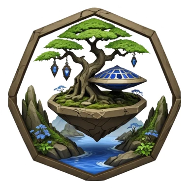 Alien spacecraft hanging-jungle vines mountain-island landscape mudman very old broken cracked intricate Stone Age rocky-crusted irregular dodecagon-shaped shallow dark moss rough bark blue willow flowered maple tree bonsai pot sticker
