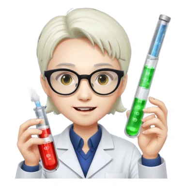 Dr. Lunar Fang – scientist vampire adjusting square lab glasses, holding a glowing test tube of “Type O” fuel sticker
