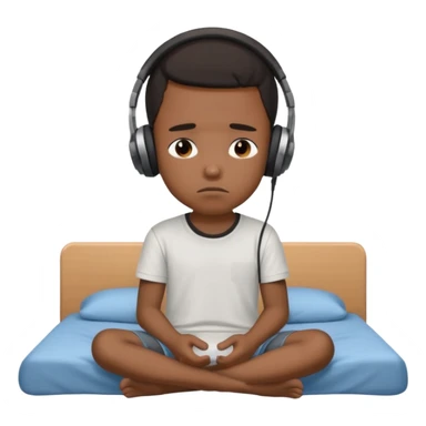 Sad black kid with headphones on sitting on a bed sticker