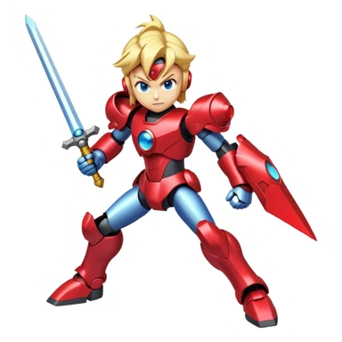 Megaman Zero robot with red armor, blonde hair, and Z-saber sword sticker