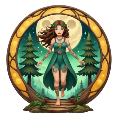 forest mystic woman long wavy brown hair tattoos stepping through small moon portal sticker