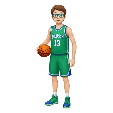 full body  white male basketball player  with brown hair wearing glasses in blue an green uniform sticker