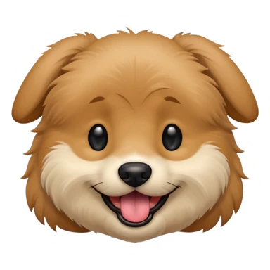 Dog face only, light brown fluffy dog, darker ears, small black nose, happy smiling with tongue out, simple emoji icon. sticker