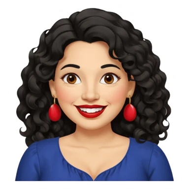 40 yr old Mexican woman, slightly chubby, wavy/curly long black hair, red lipstick, big smile, white teeth, brown eyes, hoop earings, side part to hair, round face, nice blouse, no wrinkle hair side swept, big hoop earing sticker