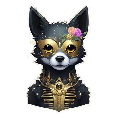 Sparkling Black iridescent dog fox zombie skeleton gold mechanical nebula galaxy stars flowers fairy lights vintage sticker