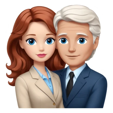 Barbie girl  , eyes blue , Chestnut red long wavy hair In pale beige clothes, Hugs a man with dark white hair short haircut, brown eyes , and a black suit sticker