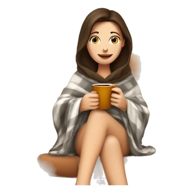 Brunette white girl covered in blanket autumn vibe sitting on a cozy chair holding coffee,  sticker