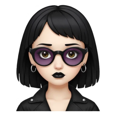 Faça uma moça de cabelo preto micro franja e penteado gótico pálida e com maquiagem gótica pesada olhos castanhos escuro e óculos de sol  sticker