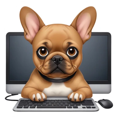 Fawn Frenchie with black muzzle working behind computer sticker
