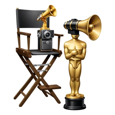 Professional icon for Directing: a collage featuring a director's chair, a film camera, a megaphone and an Oscar trophy. The icon should represent the craft and creativity of film directing, with emphasis on leadership and cinematic artistry. Transparent background. sticker
