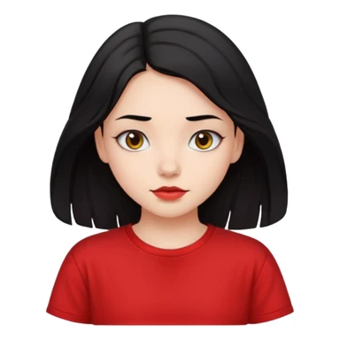 Buatkan aku emoji perempuan yang memiliki warna kulit cerah, mata yang cantik, dan mempunyai rambut hitam yang lurus dan sedikit bergelombang dan panjang rambutnya sampai ke pundak, dan memakai kaos pendek oversize berwarna merah  sticker