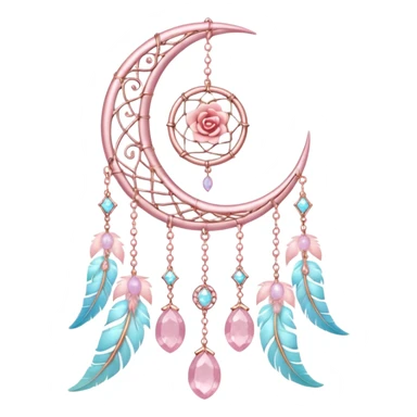 Rosy shiny glossy sparkly romantic pastel crescent damask moon with rose quartz pastel vines pastel gems pastel beads with feathers and chains  suncatcher-dreamcatcher sticker