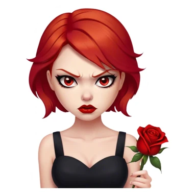 a beautiful very angry woman with red hair and red eyes. The woman wear a black little cutted dress. She have red lipstick and she have a seductive look. She have a rose flower in her hair. Angry face sticker
