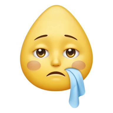 yellow emoji face with sad expression, large teardrop under one eye, white tissue wiping the tear held close to the face, simple white background sticker