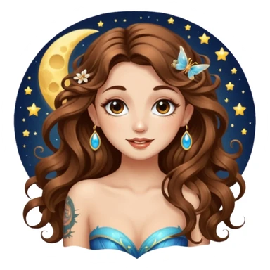 flirty moon fairy woman long wavy brown hair tattoos wink sparkle sticker