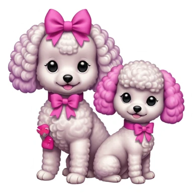 Two white toy poodle–style dogs, fluffy curly fur, round faces, black button eyes. Bright purple ears, hot-pink paws. One taller dog standing upright on hind legs wearing a large pastel pink bow on chest, one smaller round dog sitting. Cute plush emoji style. sticker