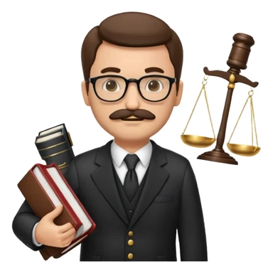 “Create a clean, modern emoji-style illustration of a male lawyer. He is wearing a formal suit jacket. He is holding a judge’s gavel in one hand and has a law book tucked under his arm. He has a mustache and a short beard, and he is wearing glasses. sticker