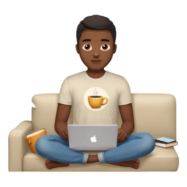 Homme développeur de teint noir, assis dans un coin cosy de son salon un week-end, ordinateur portable ouvert affichant du code. Lumière naturelle douce, ambiance calme. Habillé simplement (t-shirt clair, jean ou short), tasse de café/thé à côté. sticker